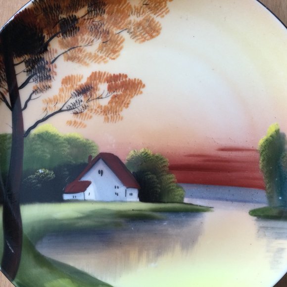 vintage Noritake red M hand painted plate red house tree landscape scene - Picture 6 of 7
